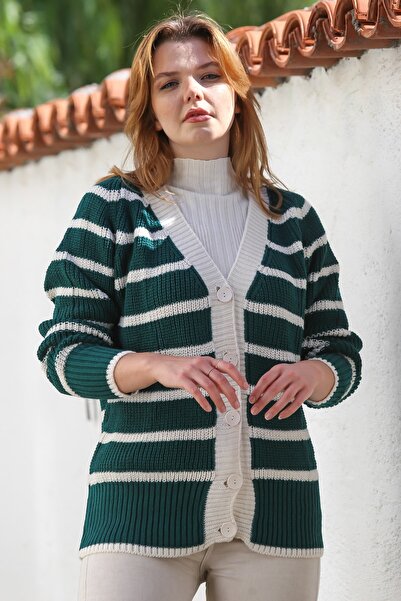 Chiccy Dark Green V-Neck Long Sleeve Striped Buttoned Thick Casual Knitwear Cardigan 70 70