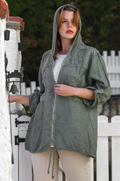 Chiccy Italian Khaki K Hooded Buttoned Long Sleeve Zippered Pocket Mesh Detailed Linen Woven Jacket 75 65