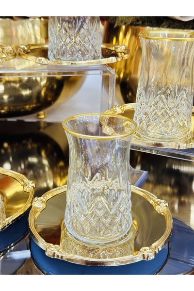 EVRA 6 Kişilik Döküm Pirinç Tabaklı Lüx Çay Seti Takımı