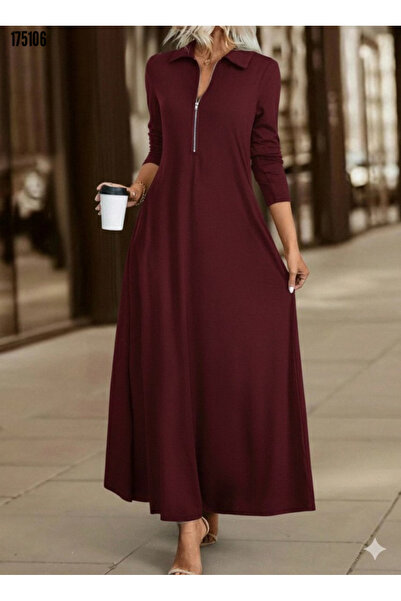 Modayakamoz Yeni Sezon Uzun Kollu Kadın Viskon Elbise Fermuarlı Yakalı Model