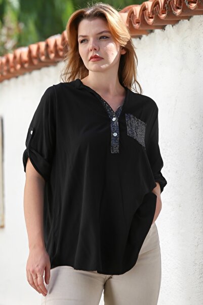 Chiccy Italian Black Judge Collar Buttoned Long Sleeve Sequin Pocket Casual Woven Blouse 72 65