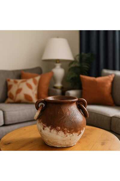 Comlekevi toprak saksı Dekoratif kabartma desenli halka kulplu el yapımı topr...