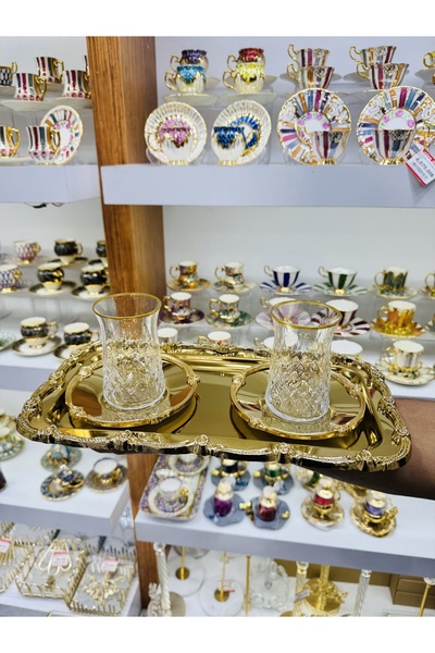 EVRA 6 Kişilik Döküm Pirinç Tabaklı Lüx Çay Seti Takımı