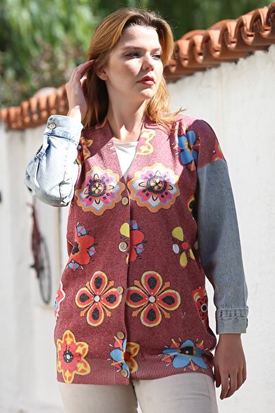 Chiccy Burgundy V-Neck Cuffed Sleeves Buttoned Jean Sleeve Detailed Casual Woven Jacket 78 62
