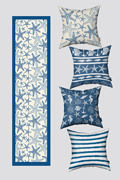 EsnafAli مجموعة من 4 أغطية وسائد و1 مفرش طاولة بنمط نجم البحر بتصميم البحر الأزرق