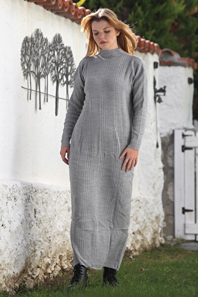 Chiccy Gray Half Turtleneck Long Sleeve Casual Long Knitwear Dress 140 68