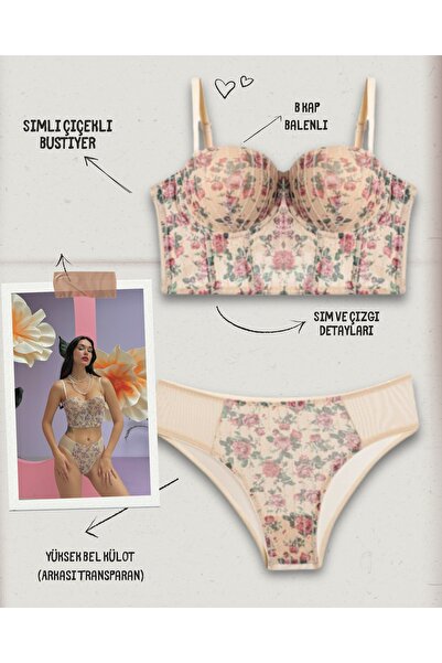bendengiy Simli Çiçek Desenli Destekli Kadın Büstiyer Takım
