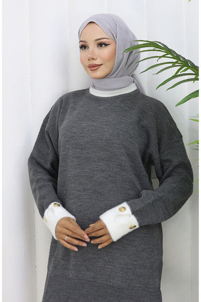 sefamerve Triko Kolu Düğme Detaylı Garnili Tunik 3000-11 Gri