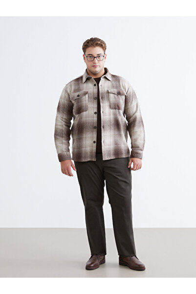 LC Waikiki Καφέ Regular Fit Μακρυμάνικο Καρό Ανδρικό Πουκάμισο Μπουφάν