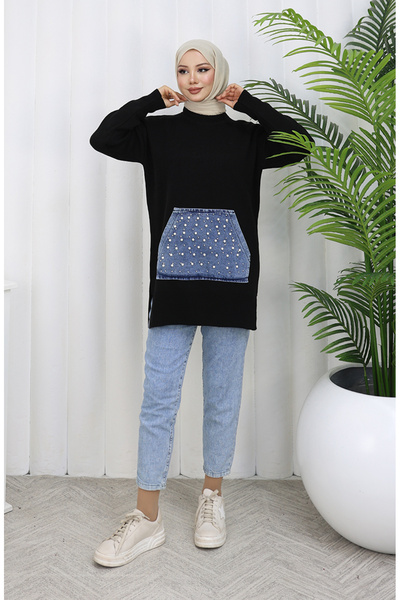 sefamerve Πλεκτό κανγκουρό με τσέπες με λεπτομέρεια από πέρλες 3030-02 Μαύρο