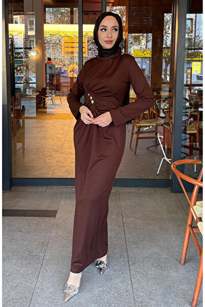 sefamerve Önden Düğmeli Elbise 4620-05 Kahverengi