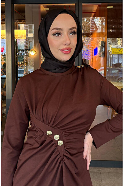 sefamerve Önden Düğmeli Elbise 4620-05 Kahverengi