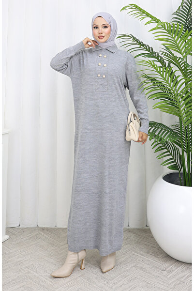 sefamerve Πλεκτό φόρεμα με λαιμόκοψη πόλο με λεπτομέρεια με κουμπιά 0007-01 Γκρι