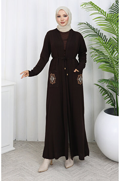 sefamerve Knitwear Embroidered Long Cardigan 0022-05 Brown