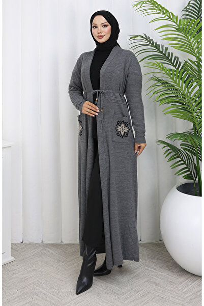 sefamerve Knitwear Embroidered Long Cardigan 0022-06 Anthracite