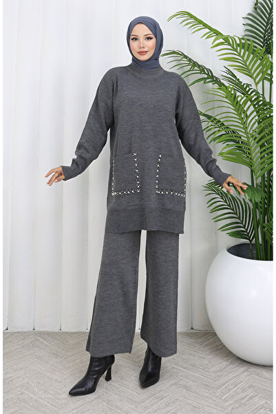 sefamerve Triko Cepli İncili Tunik Pantolon İkili Takım 1070-07 Gri