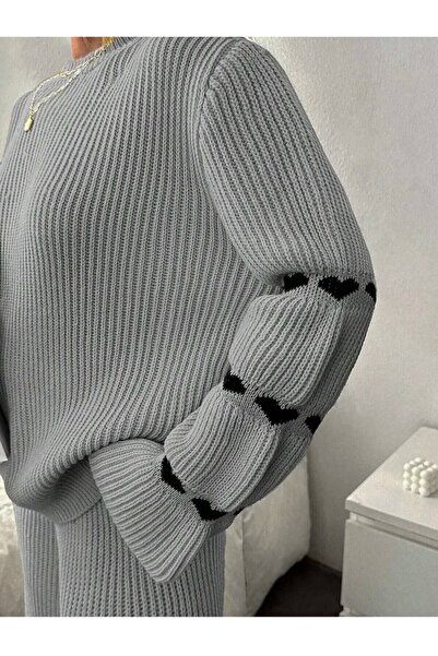 hiraz fashion Women's Gray Heart-Detail Double Knitting Set