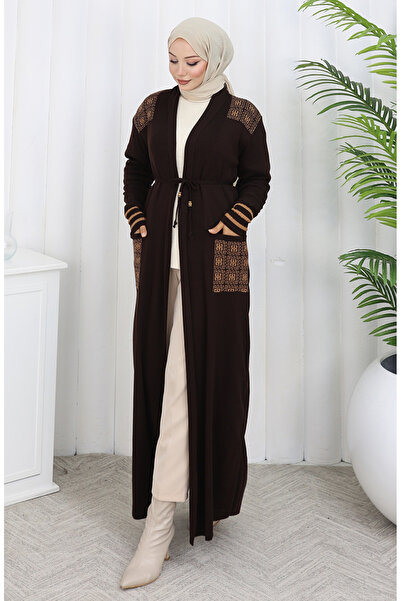 sefamerve Πλεκτό Κεντητό Μακρύ Ζακέτα 0027-04 Καφέ