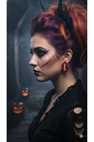 Lu Atelier Bloody Kiss Handmade Polymer Clay Earrings – Vampire Fang Design – Red Glitter Gothic Earrings