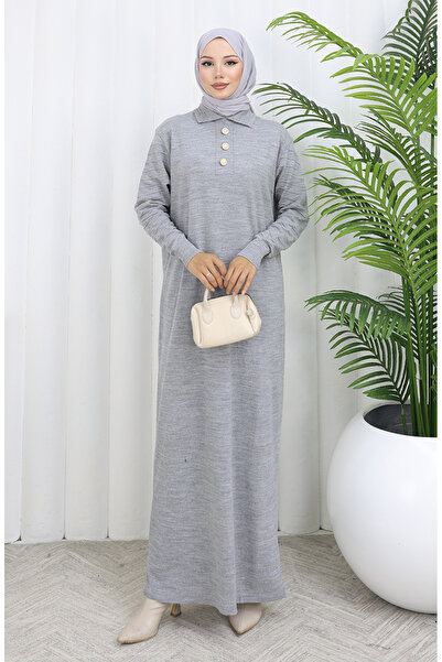 sefamerve Πλεκτό φόρεμα με γιακά πόλο με κουμπιά 1141-03 Γκρι