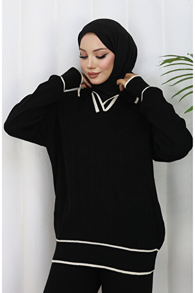 sefamerve Knitwear Corded Fabric Sweater Trousers Double Set 0010-04 Black