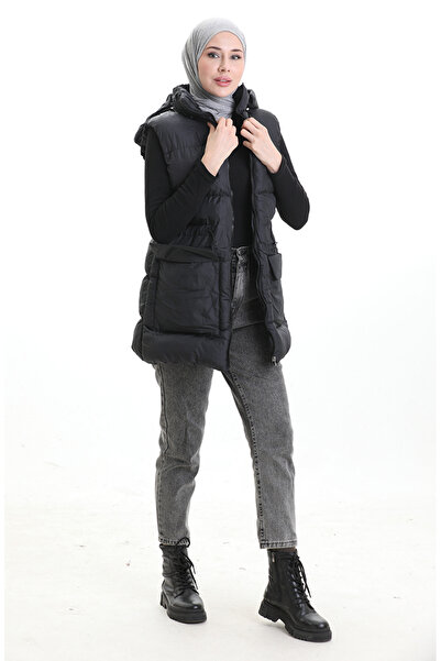 sefamerve Hooded Zippered Puffer Vest 0170-02 Black