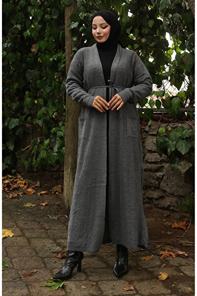 sefamerve Πλεκτό κοτλέ Μακριά Ζακέτα 0030-04 Ανθρακίτη