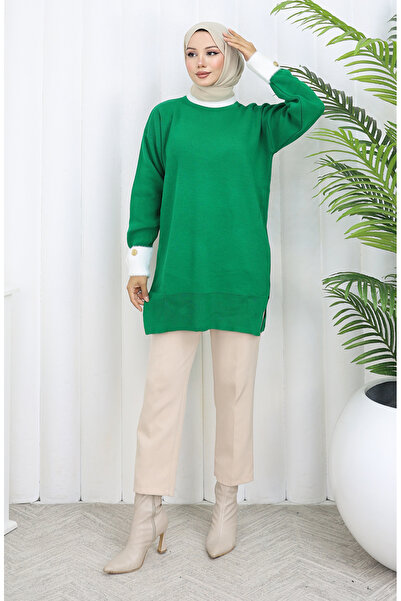 sefamerve Strickwaren-Tunika mit Knopfdetail an den Ärmeln, garniert, 3000-09, Smaragdgrün