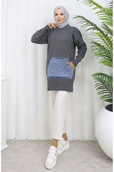 sefamerve Knitwear Kangaroo Pocket Pearl Detailed Tunic 3030-03 Gray