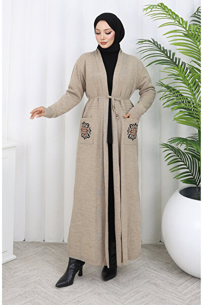 sefamerve Πλεκτό Κεντητό Μακρύ Ζακέτα 0022-02 Μπεζ