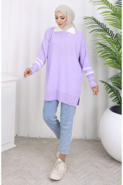 sefamerve تريكو تونيك بأكمام بالون وياقة 3007-09 أرجواني