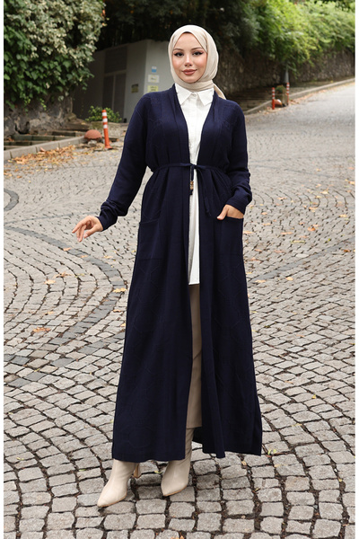 sefamerve Πλεκτό κοτλέ Μακριά Ζακέτα 0030-03 Ναυτικό Μπλε