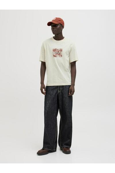 Jack & Jones Split Allover Print Branding Erkek Krem Tişört (12272993-ANW)