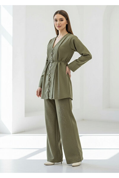 PERA MODA Comfortable Fit Gold Buttoned Suede Stylish Suit with Lacing Detail