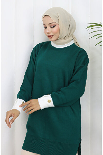 sefamerve Triko Kolu Düğme Detaylı Garnili Tunik 3000-06 Petrol