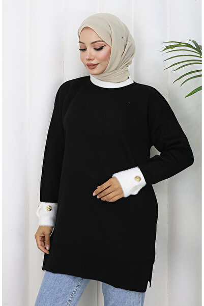 sefamerve Πλεκτό με λεπτομέρεια με κουμπιά συνδυασμός υφασμάτων τουνίκ 3000-01 Μαύρο