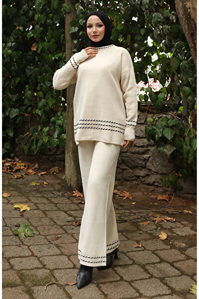 sefamerve Πλεκτό Παντελόνι Πουλόβερ Σετ Δύο Τεμάχια 0017-04 Μπεζ