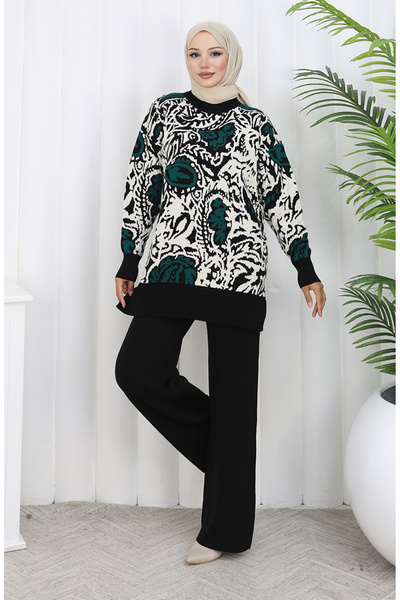 sefamerve Knitwear Paneled Tunic Trousers Double Suit 1060-04 Petrol