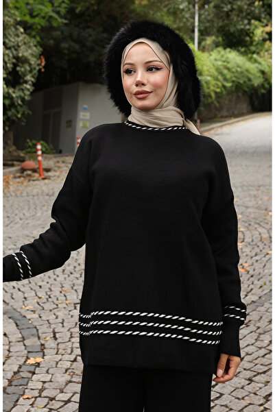 sefamerve Πλεκτό Παντελόνι Πουλόβερ Πλεκτό Σετ Δύο Τεμάχια 0017-01 Μαύρο