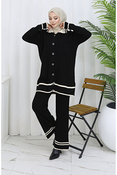 sefamerve Knitwear Polo Neck Buttoned Tunic Trousers Double Suit 1108-08 Black