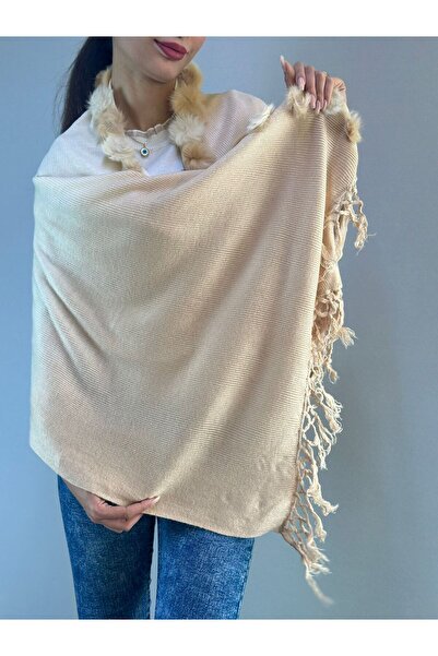 Gönülden Tasarım Pompon Fur Tricot Women's Shawl in Ecru Color 180X65 cm