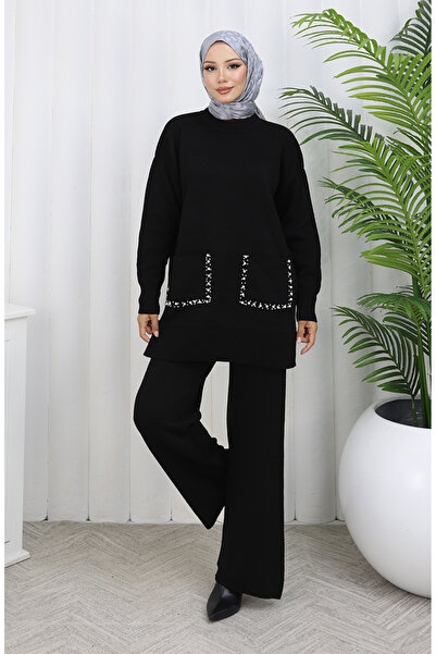 sefamerve Knitted pocketed tunic and pants two-piece set 1070-06 black