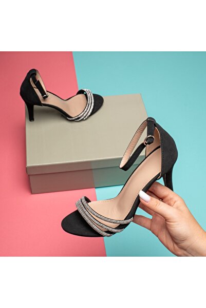 BMoD Women's black suede sandals with rhinestones and strap MOD11808