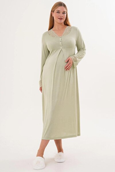 Mecit Pijama Νυχτικό εγκυμοσύνης με μακρύ μανίκι, ανοιγόμενο με κουμπιά, δαντέλα