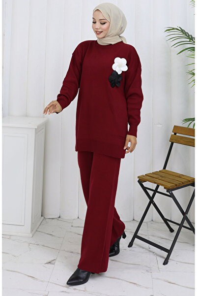 sefamerve Knitwear Turtleneck Tunic Trousers Double Suit 1015-06 Claret Red