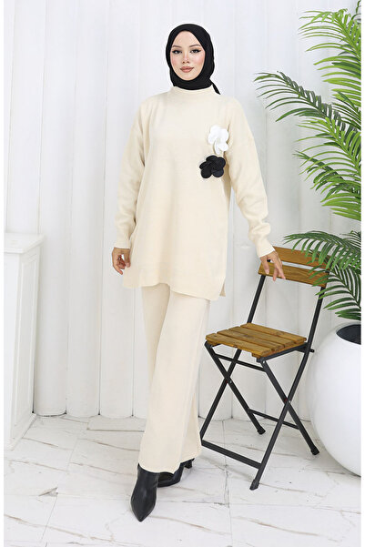 sefamerve Knitwear Turtleneck Tunic Trousers Double Suit 1015-04 Beige