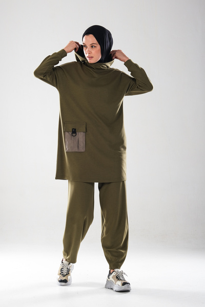 Plistre 2286_Kadın Kapüşonlu Körüklü Cepli D Tokalı 2'li Takım – Pensli Harem Pantolonlu Tesettür Spor Takı