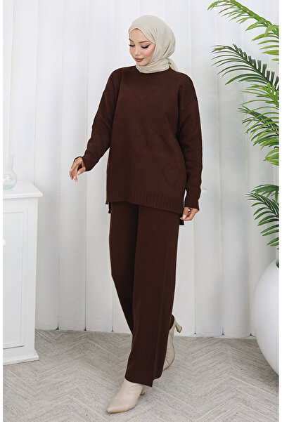 sefamerve طقم مزدوج من سترة محبوكة بنمط القلب وبنطلون 0016-05 بني