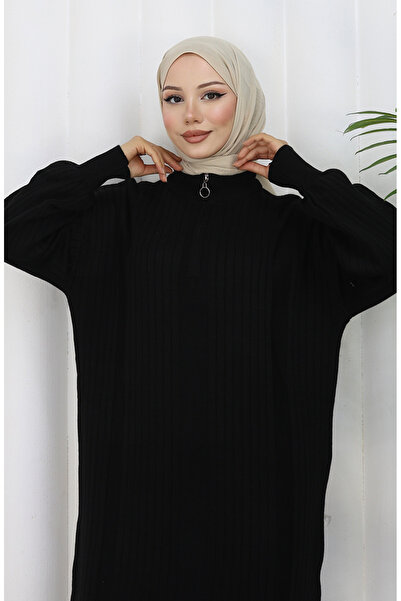 sefamerve Tricotaj material reiat Rochie cu fermoar 0005-05 Negru