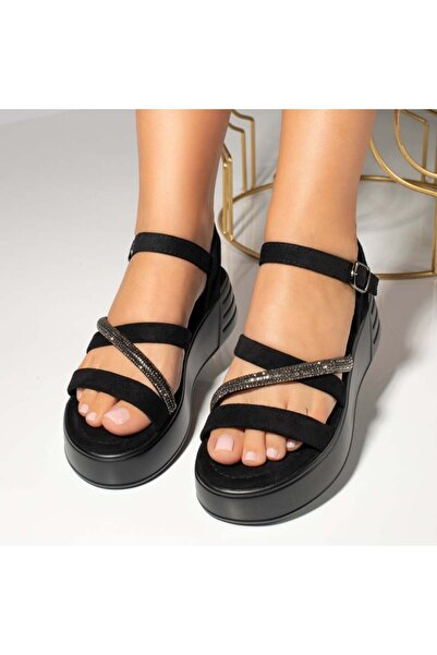 BMoD Women's black suede sandals with platform and rhinestones MOD13849